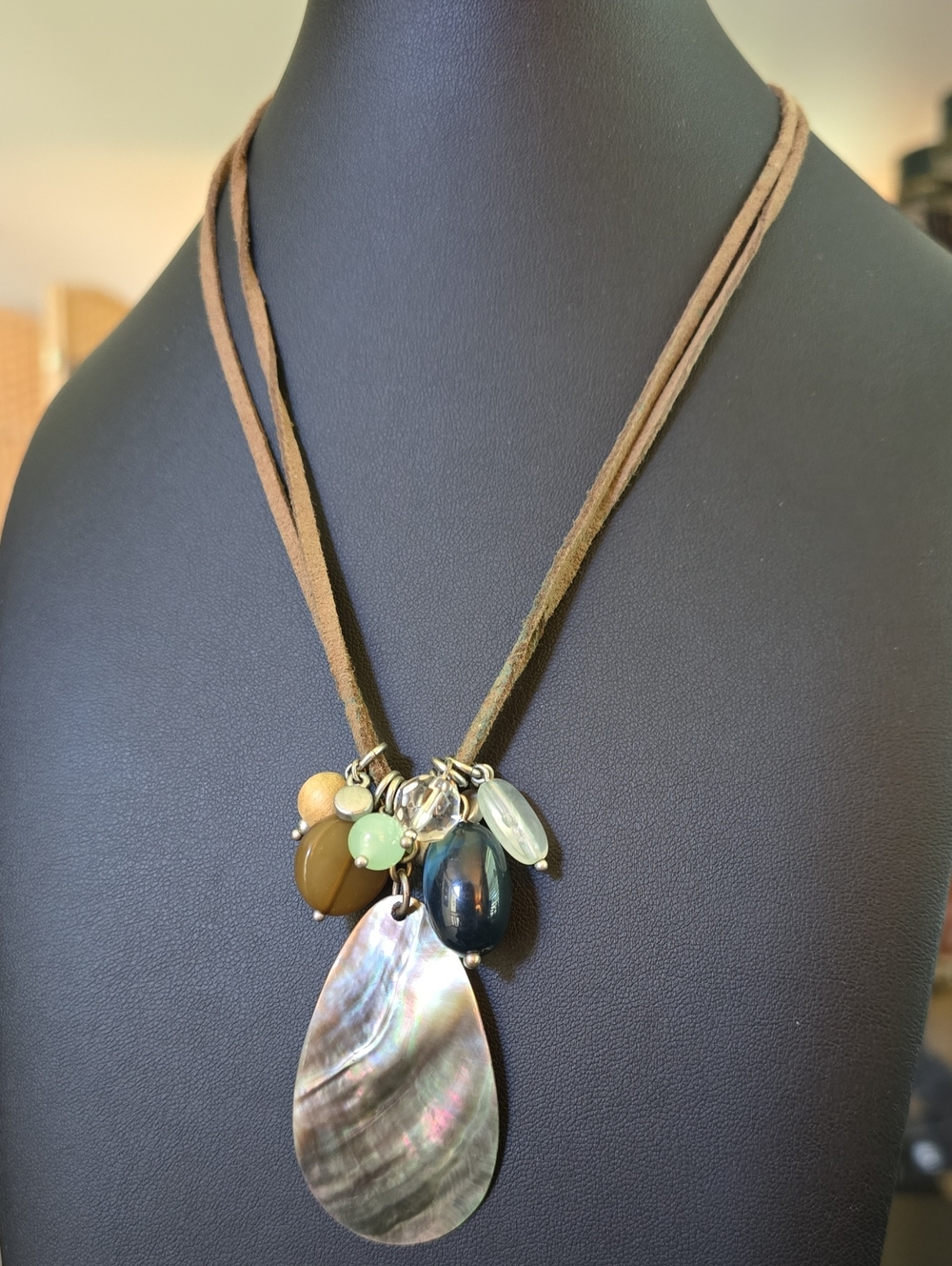 Lia Sophia Sequoia necklace. Brown Suede Multi-Bead Shell Pendant Necklace
